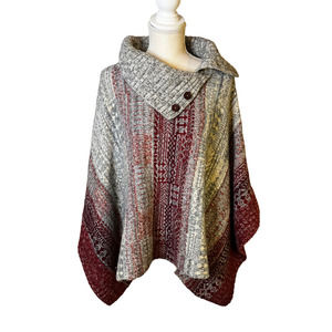 Free people Willow Gray Red Poncho Knit Sweater Cowl Neck Womens Small